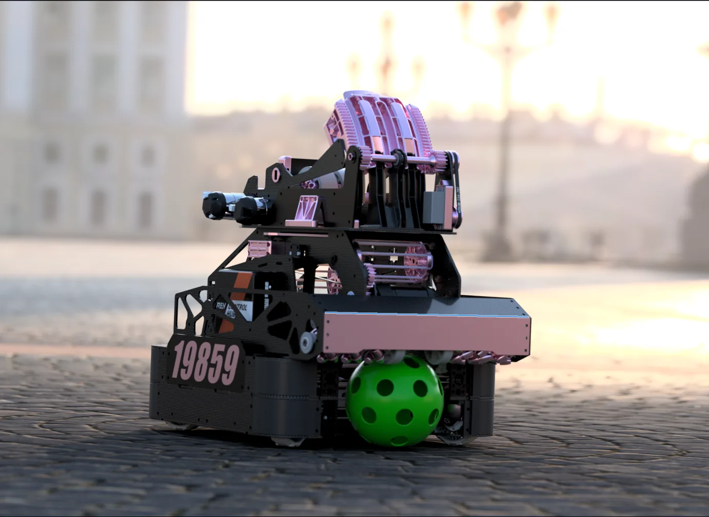 19859 robot on a cobblestone old-town square at golden hour