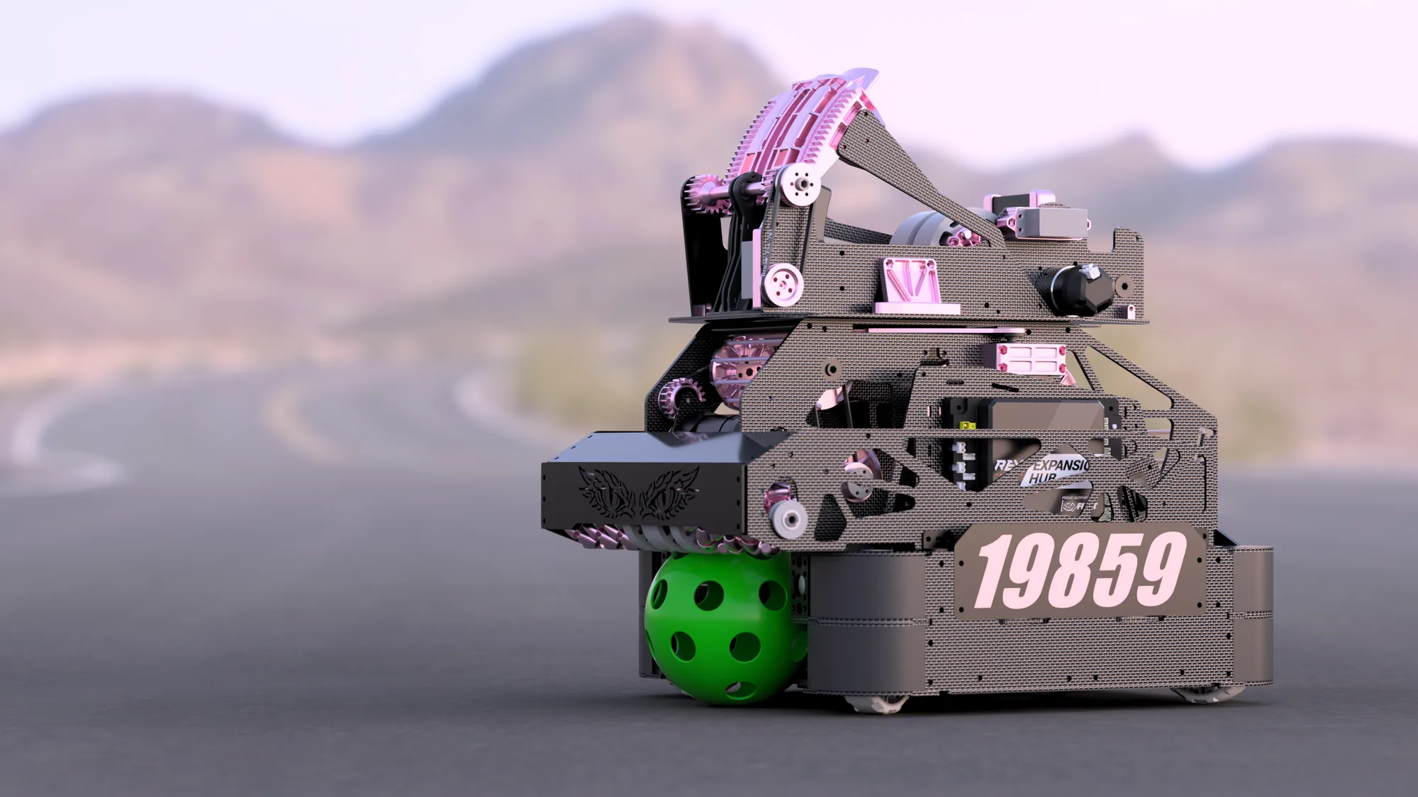 19859 robot with a mountain backdrop on race day